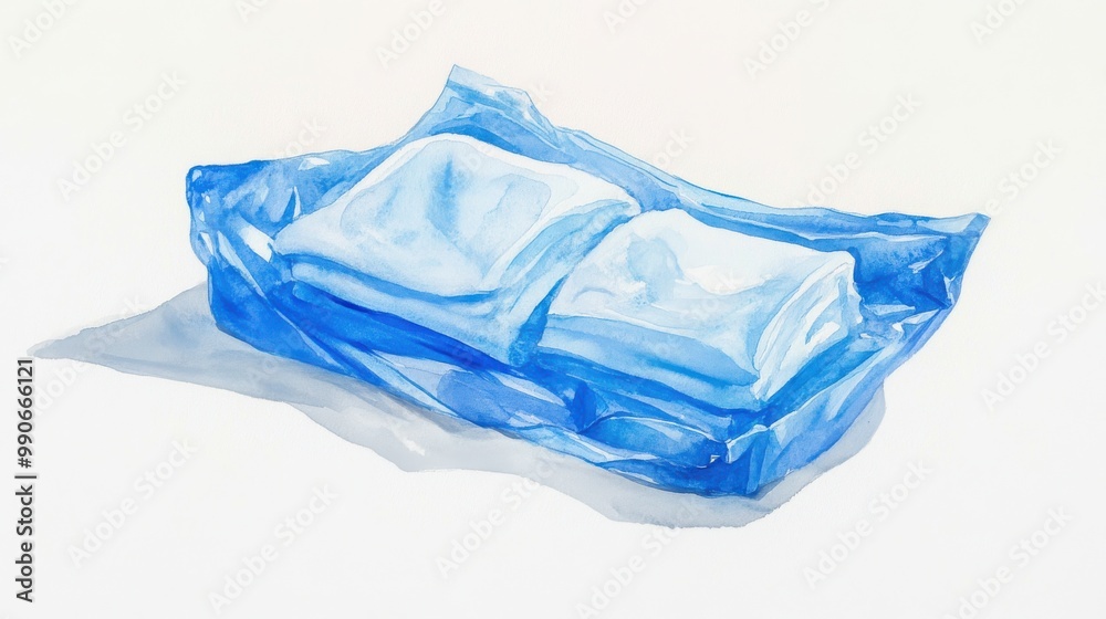 Fototapeta premium A blue packaging with two white items rests on a surface, showcasing a simple yet vibrant design with shadows