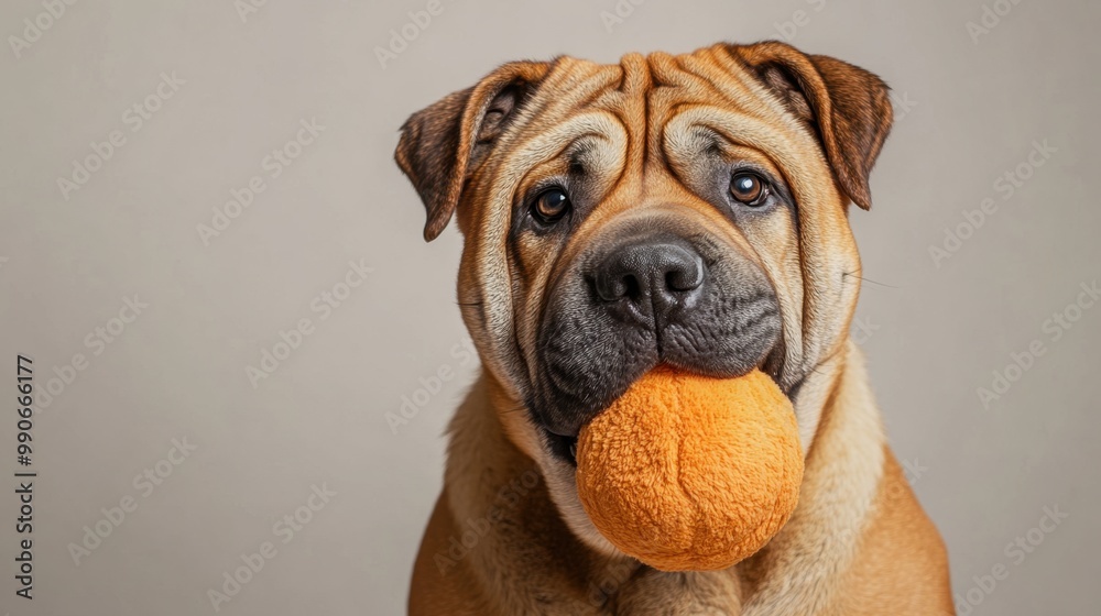 Portrait of a shar-pei dog holding a toy in its mouth on a clean neutral background creating a playful and cute expression Portrait of a shar-pei dog holding a toy in its mouth on a clean neutral background creating a playful and cute expression