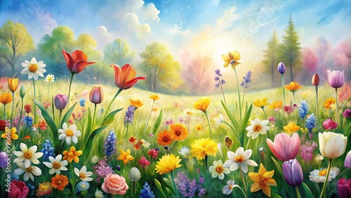 watercolor painting of spring flowers in an asymmetrical field