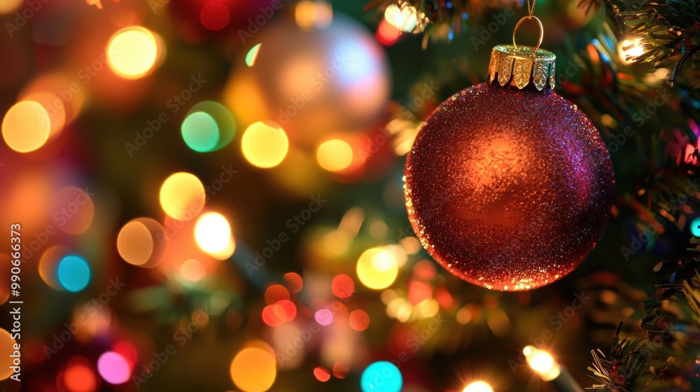 Close-up of Christmas baubles and ornaments hanging on a tree with glowing lights in the background. Close-up of Christmas baubles and ornaments hanging on a tree with glowing lights in the background.
