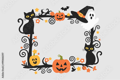  A whimsical Halloween frame with black cats, pumpkins, a witch's hat, a ghost, and decorative swirls on a light gray background