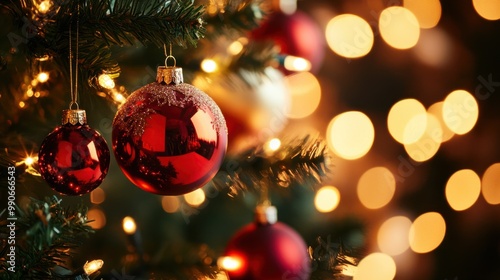 Close-up of Christmas baubles and ornaments hanging on a tree with glowing lights in the background.