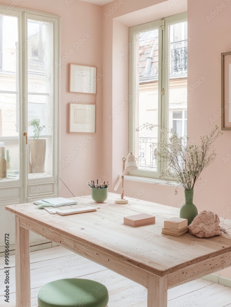Fototapeta premium : A workspace with soft pink walls, a cream wooden desk, and mint green accents on accessories