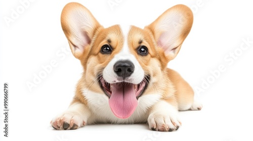 A delightful 14-week-old Welsh Corgi puppy sits contentedly, winking and panting, radiating happiness with its bright eyes and playful demeanor on a clean white background.