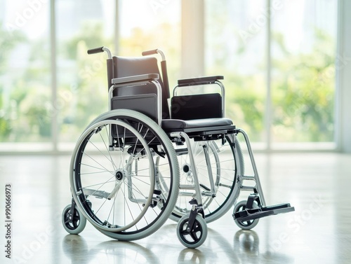 A modern wheelchair positioned in a bright, airy space, symbolizing mobility and accessibility in healthcare and daily life.