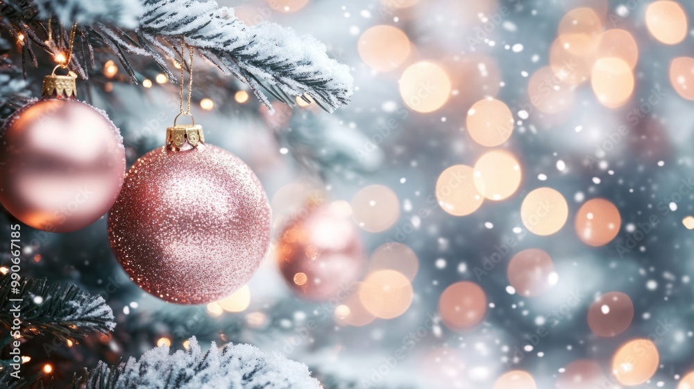 Close-up of sparkling Christmas ornaments hanging on a snow-covered pine tree with bokeh lights. Close-up of sparkling Christmas ornaments hanging on a snow-covered pine tree with bokeh lights.