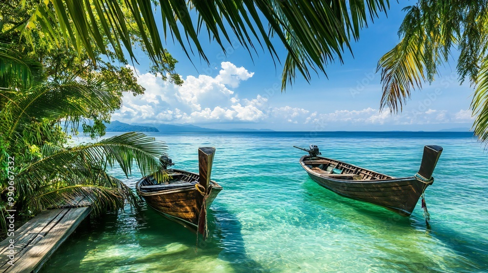 Fototapeta premium Wooden boats floating in crystal-clear turquoise water, lush green palms and bright blue sky