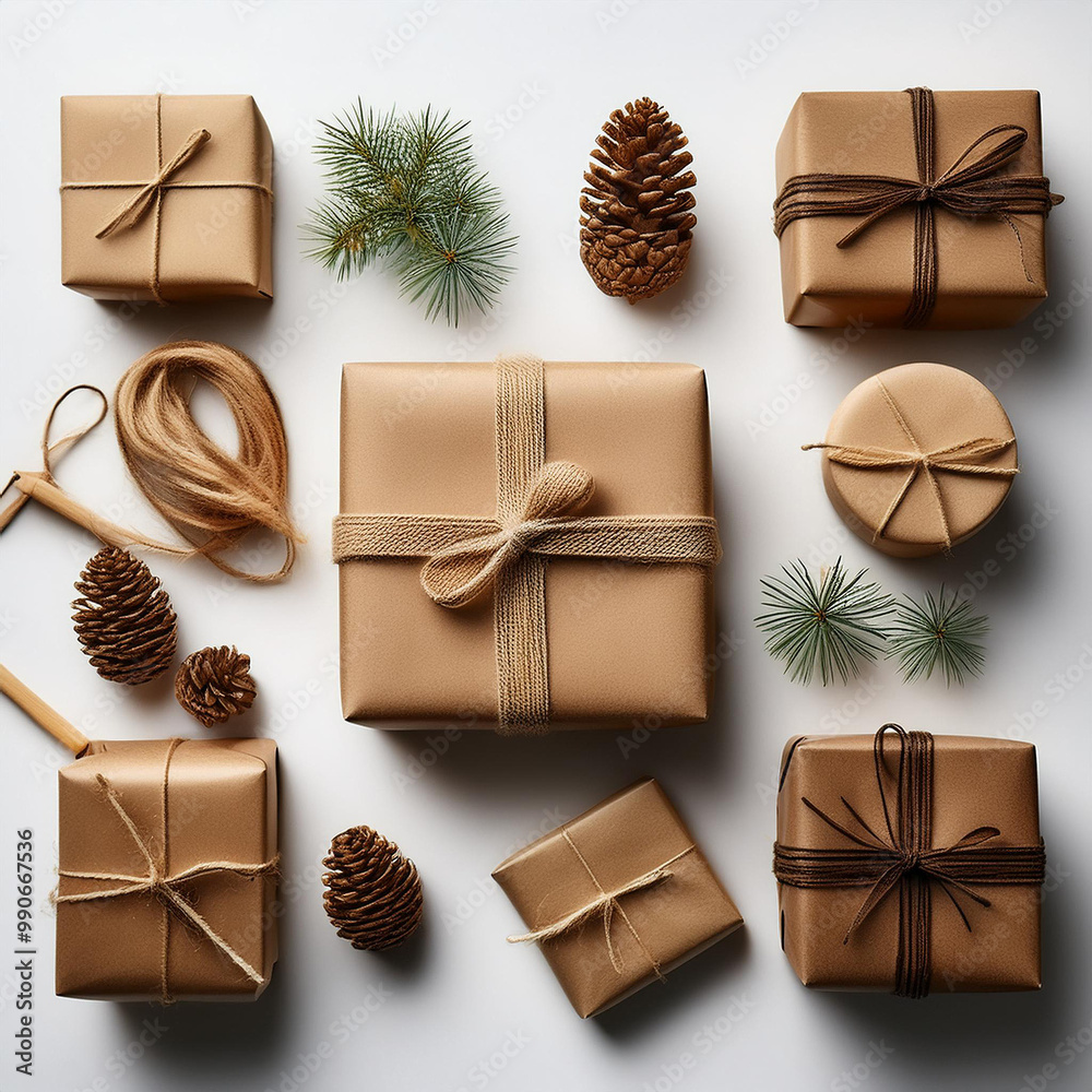 Obraz premium Elegant gift-wrapped packages with golden accents on a bright white background