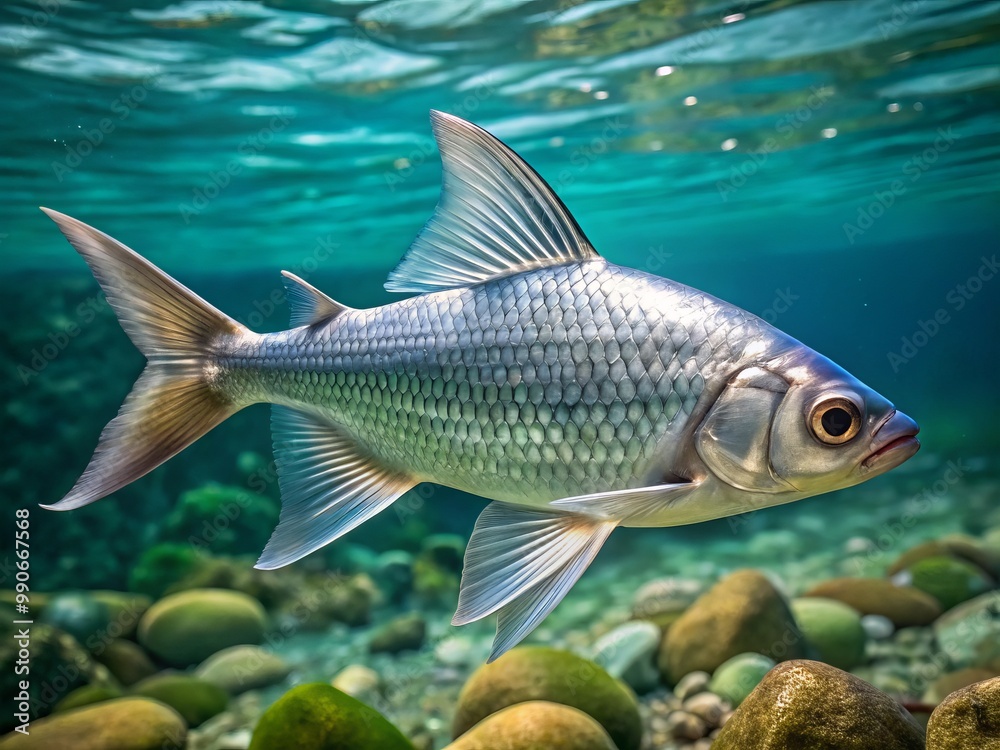 A fleeting glimpse of a silvery freshwater inhabitant, caught in the act of swimming, its bony structure highlighted A fleeting glimpse of a silvery freshwater inhabitant, caught in the act of swimming, its bony structure highlighted