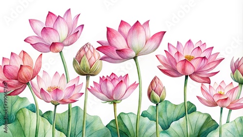 Watercolor painting of pink lotus flowers on white background