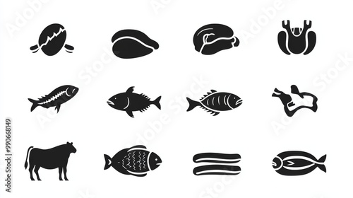 This set showcases an array of solid icons depicting popular meats such as beef, chicken, fish, and BBQ items, perfect for culinary designs and menus.