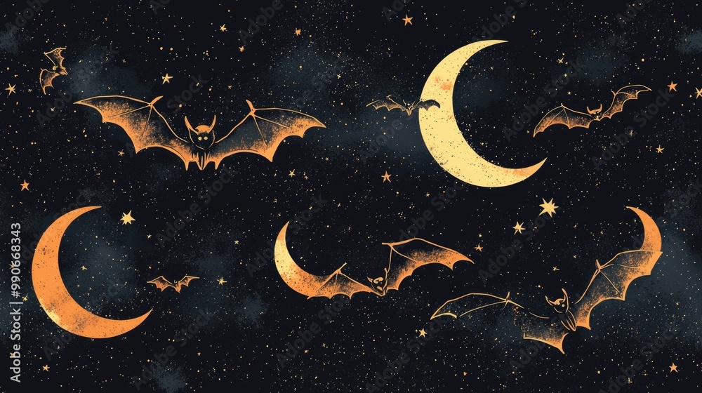 Whimsical bats and crescent moons in a starry night sky Whimsical bats and crescent moons in a starry night sky