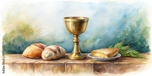 Watercolor painting of Maundy Thursday Eucharist ceremony from bird's eye view photo