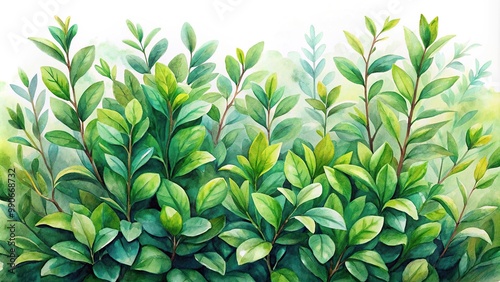 Watercolor painting of lush green bush with leaves in medium shot