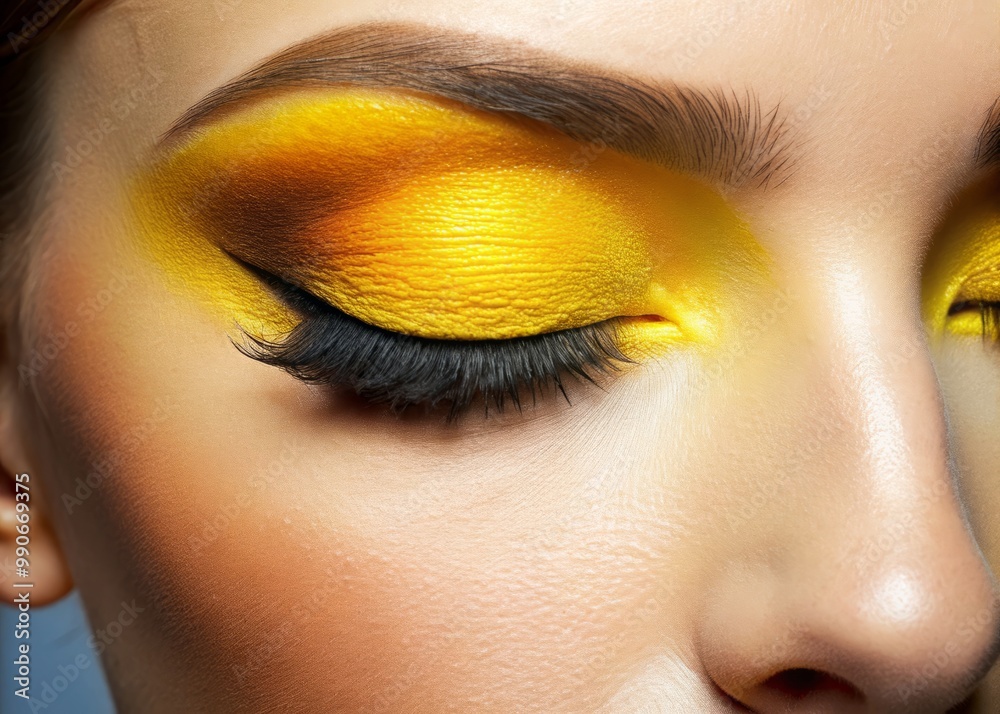 Fototapeta premium A gentle study of a woman's relaxed gaze, where a pop of vibrant yellow eyeshadow melts seamlessly into