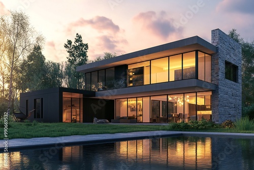 Modern minimalist house with large glass windows and reflecting pool, evening setting, luxurious ambiance