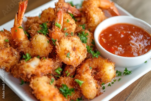 Crispy coconut shrimp with red sauce and parsley