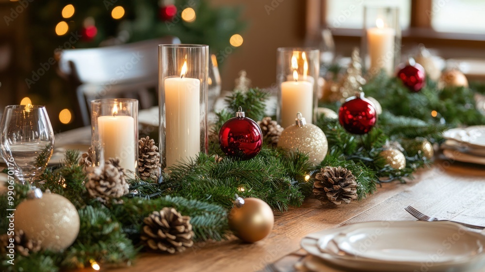 Festive holiday table with Christmas candles, greenery, and ornaments, ready for a family gathering. Festive holiday table with Christmas candles, greenery, and ornaments, ready for a family gathering.