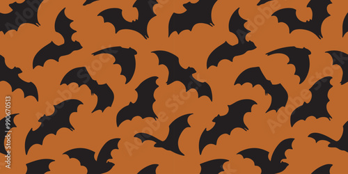 Halloween bat seamless pattern. Bats for horror night holiday on orange background. Halloween black flying vampire bats pattern. Halloween print for fabric, wrapping paper, wallpaper, background