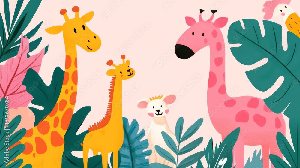 A vibrant collection of cheerful safari animals surrounded by lush tropical leaves, offering a whimsical atmosphere ideal for children's artwork or themed spaces. A vibrant collection of cheerful safari animals surrounded by lush tropical leaves, offering a whimsical atmosphere ideal for children's artwork or themed spaces.