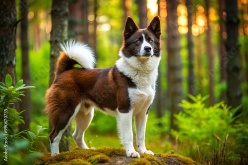 A Karelian bear dog, with its brown and white coat and bushy tail, inhabits a lush green forest, photo