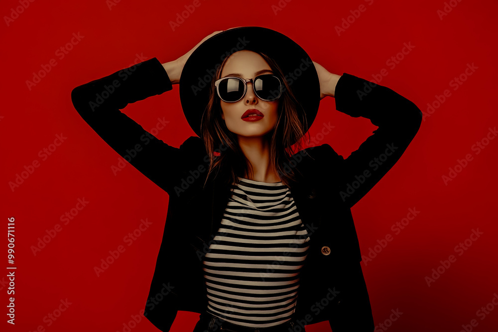 Young woman posing on a red background in a stylish black jacket, striped t-shirt, and hat. Young woman posing on a red background in a stylish black jacket, striped t-shirt, and hat.