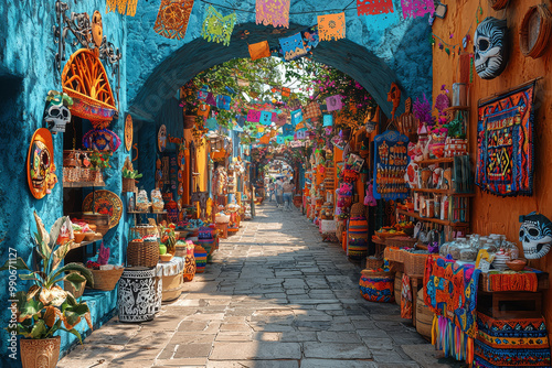 A traditional Mexican street market filled with colorful decorations, crafts, and foods associated with the Day of the Dead celebrations.