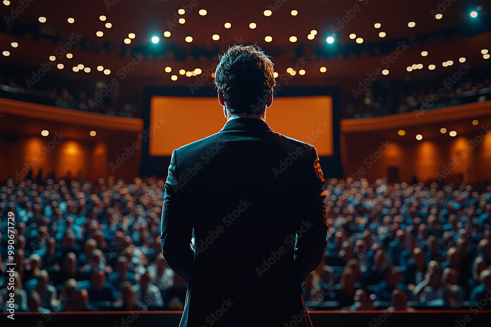 A successful entrepreneur giving a motivational speech to a packed auditorium, with an engaging presentation displayed on a large screen. Concept of leadership and public speaking.