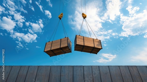 Two wooden crates being lifted by cranes against a bright blue sky with clouds, symbolizing logistics and industrial work. photo