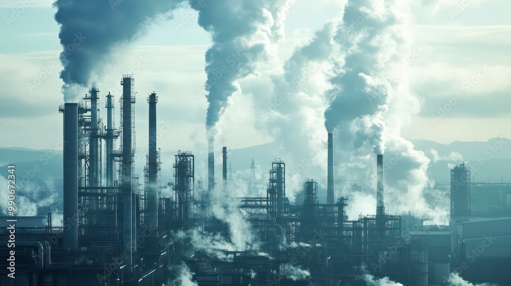 An industrial landscape with tall smokestacks spewing thick smoke into the cloudy sky. An industrial landscape with tall smokestacks spewing thick smoke into the cloudy sky.