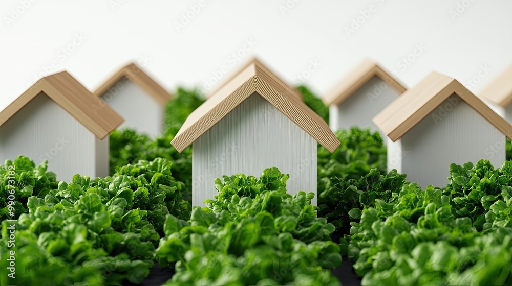A miniature house nestled in vibrant green lettuce, symbolizing eco-friendly living and sustainable architecture. A miniature house nestled in vibrant green lettuce, symbolizing eco-friendly living and sustainable architecture.