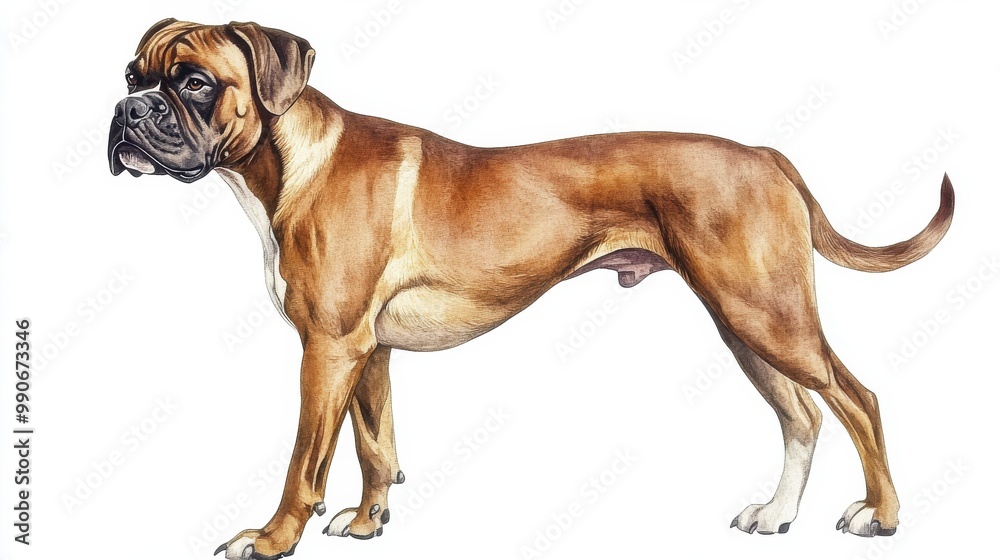 A detailed illustration of a boxer dog standing proudly, showcasing its muscular build and distinctive coat patterns A detailed illustration of a boxer dog standing proudly, showcasing its muscular build and distinctive coat patterns