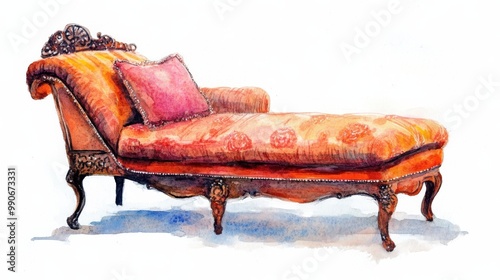 Elegant chaise longue with intricate carvings and vibrant upholstery sits gracefully in an artistic setting photo