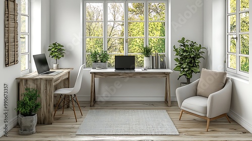 A cozy Scandinavian-style office with white walls, light wooden floors, minimalist desk setup with a laptop, green plants adding a natural touch, large windows offering plenty of natural light,