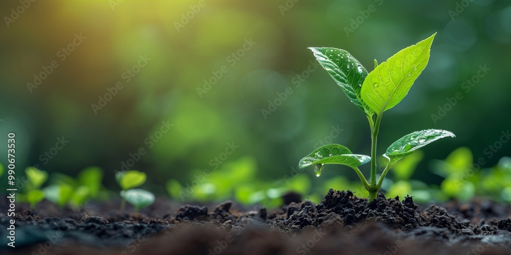 A small green plant breaks through the dark earth, surrounded by seedlings, representing new opportunities and financial growth in nature A small green plant breaks through the dark earth, surrounded by seedlings, representing new opportunities and financial growth in nature