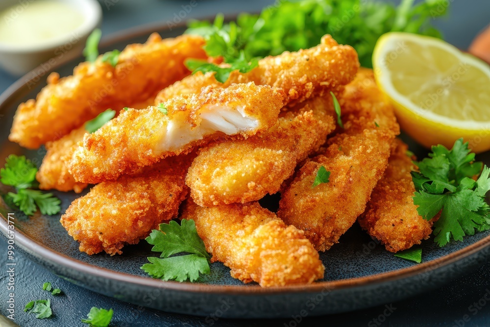 Delicious crispy fish sticks The fried fish is appealing and buttery enhanced by colorful coriander Delicious crispy fish sticks The fried fish is appealing and buttery enhanced by colorful coriander