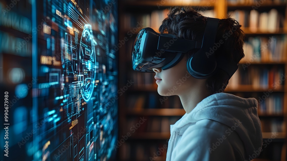 Virtual classroom, school student using VR headset, a large AI hologram displaying data points and algorithms, showcasing future of learning Virtual classroom, school student using VR headset, a large AI hologram displaying data points and algorithms, showcasing future of learning