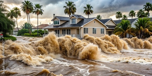 A powerful hurricane's surging floodwaters inundate a neighborhood, obliterating homes, uprooting trees, and leaving a photo