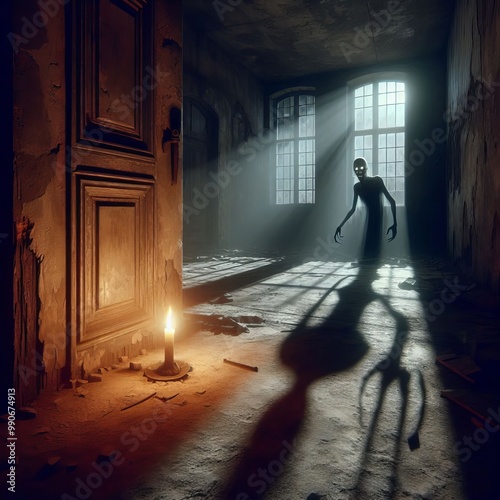 A creepy figure stands in an abandoned building, illuminated by eerie candlelight. The dark shadows and unsettling atmosphere evoke fear and suspense, making it ideal for horror and thriller themes photo