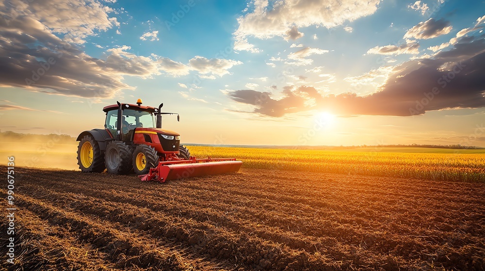 Fototapeta premium A tractor drives through a field at sunset.