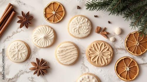 Elegant Christmas cookies in warm neutral tones, adorned with natural accents like cinnamon sticks and pine sprigs for a calming holiday display. Christmas cookies