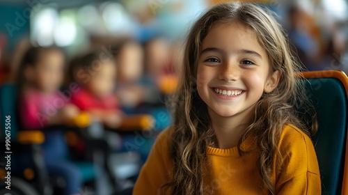 Young girl with disability joyfully playing with classmates in a modern school, focus on diversity and inclusion, Pop Art, Bold colors, Dynamic composition