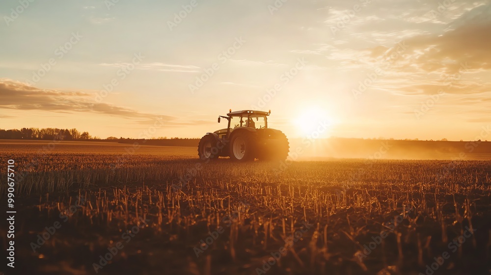 Fototapeta premium A tractor driving through a field at sunset.