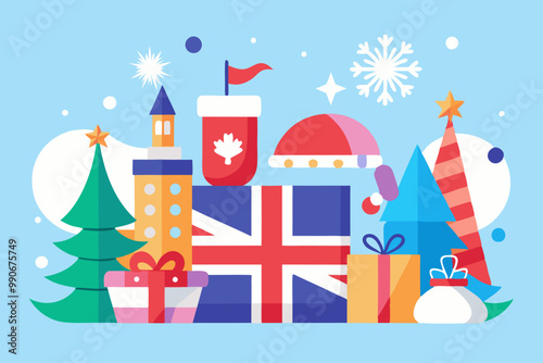 Festive british celebration: christmas gifts and icons in winter wonderland