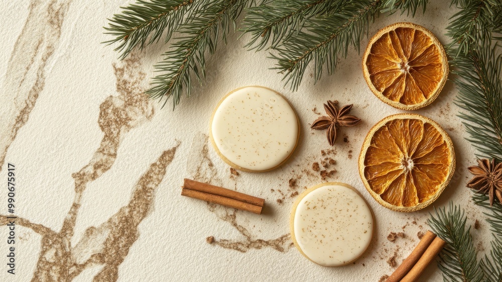 Warm and neutral Christmas cookie scene featuring simple designs and natural elements for a serene holiday atmosphere. Christmas cookies
