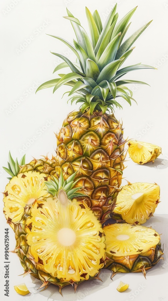 Fresh pineapple with slices arranged artistically on a light background emphasizing its tropical essence and vibrant colors Fresh pineapple with slices arranged artistically on a light background emphasizing its tropical essence and vibrant colors