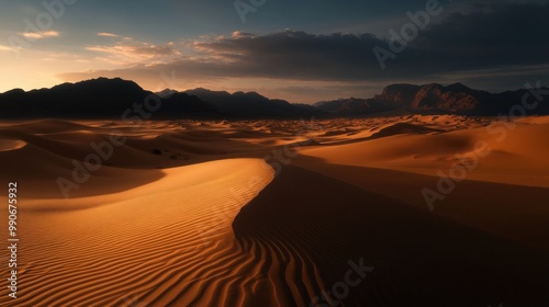 Vast desert landscape with golden sands under a dramatic twilight sky, conveying a sense of solitude and beauty. Ideal for travel, adventure, and nature themes.