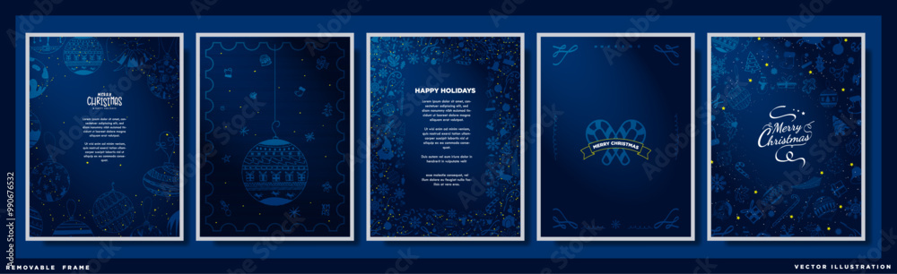 Monochromatic Merry Christmas Holiday Greeting Poster templates in blue colors, hand drawn xmas decoration elements with typographic design and copy space. Elegant Xmas cards. Vector. Monochromatic Merry Christmas Holiday Greeting Poster templates in blue colors, hand drawn xmas decoration elements with typographic design and copy space. Elegant Xmas cards. Vector.