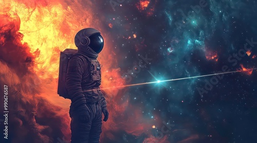 Astronaut standing in space, looking at a bright star with a fiery nebula behind them.