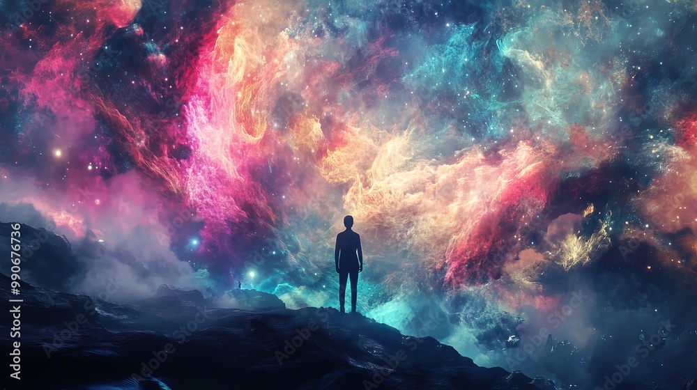Fototapeta premium Abstract dreamlike motivational image. Illustration of person being in a dream in imaginary world. Movie making and cinematography